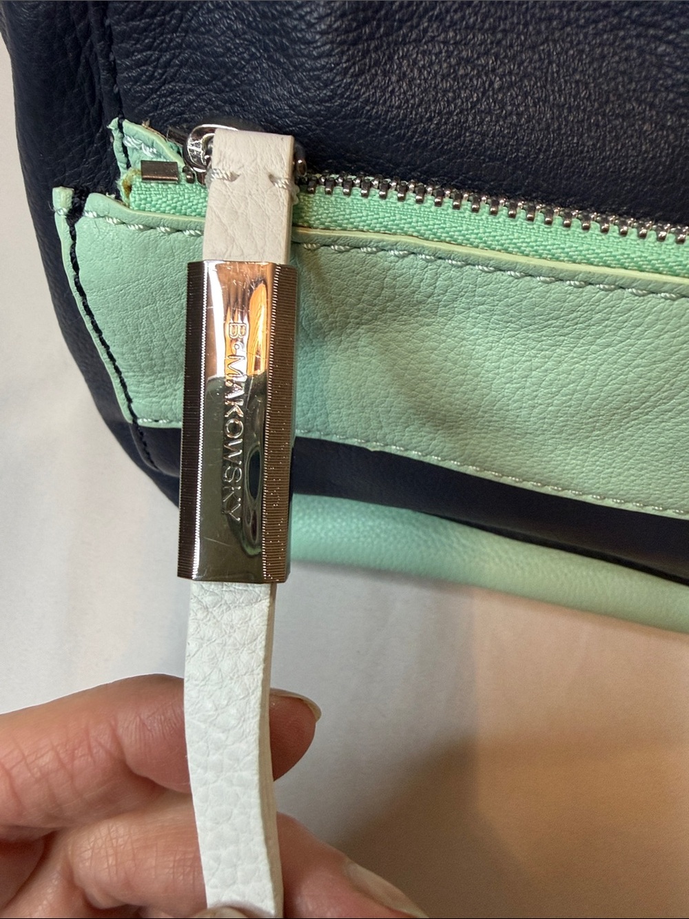 B Makowsky Mint and Navy Leather Top-Handle Satchel - Picture 2 of 8